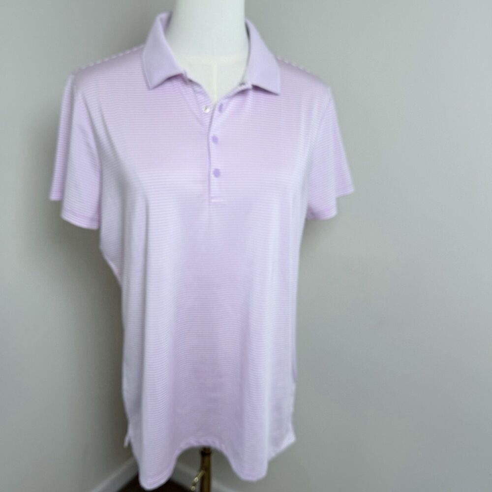 RLX Ralph Lauren Polo Shirt Womens Large Purple White Stripe Tailored Fit Golf